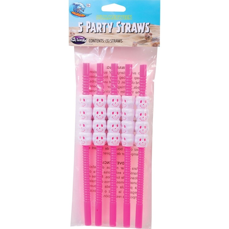 Summerween Pink Skeleton and Pumpkin Straws, 5 Count