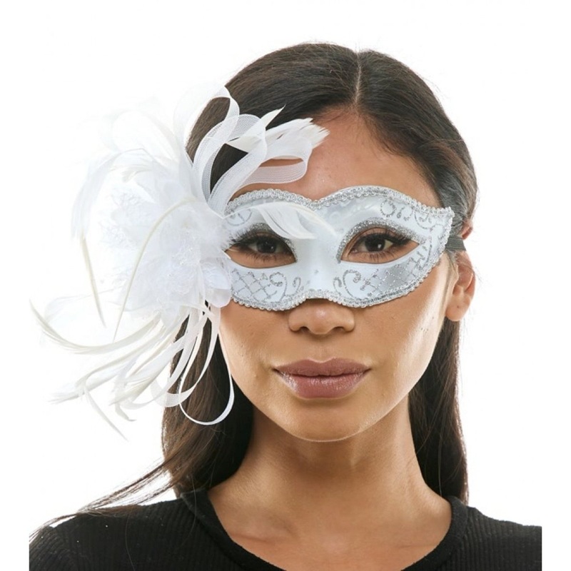 White Venetian Mask with Side Feathers, 1 Count