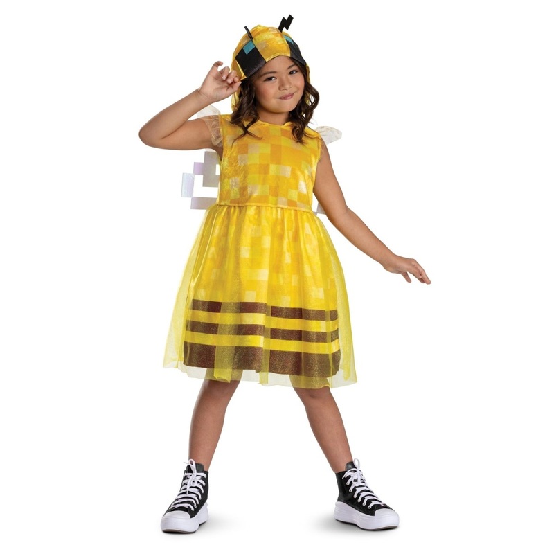 Bee Girl Dress Costume for Kids, Minecraft, Hooded Dress with Wings S