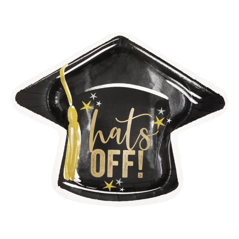 Golden Star Graduation Large Cap Shaped Lunch Paper Plates, 8 Count