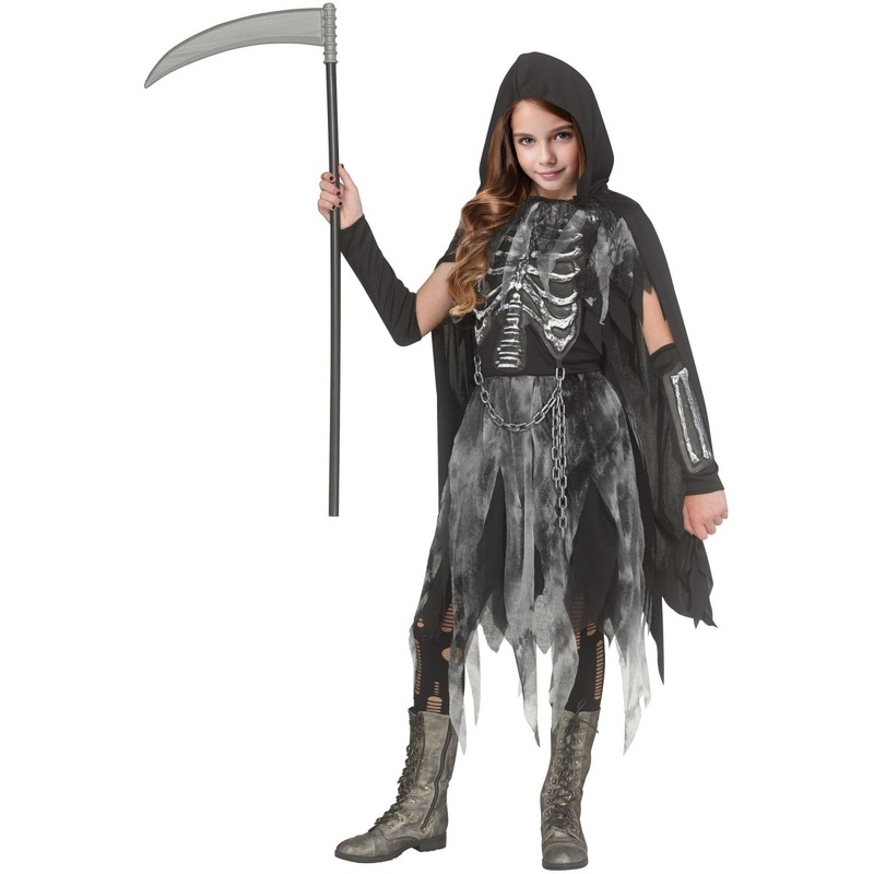 Bone Reaper Costume for Kids, Black Hooded Cape and Dress M