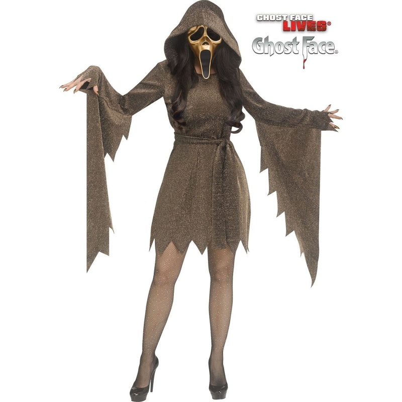 Shimmer Gold Ghost Face Costume for Adults, Gold Dress with Belt and Mask S/M
