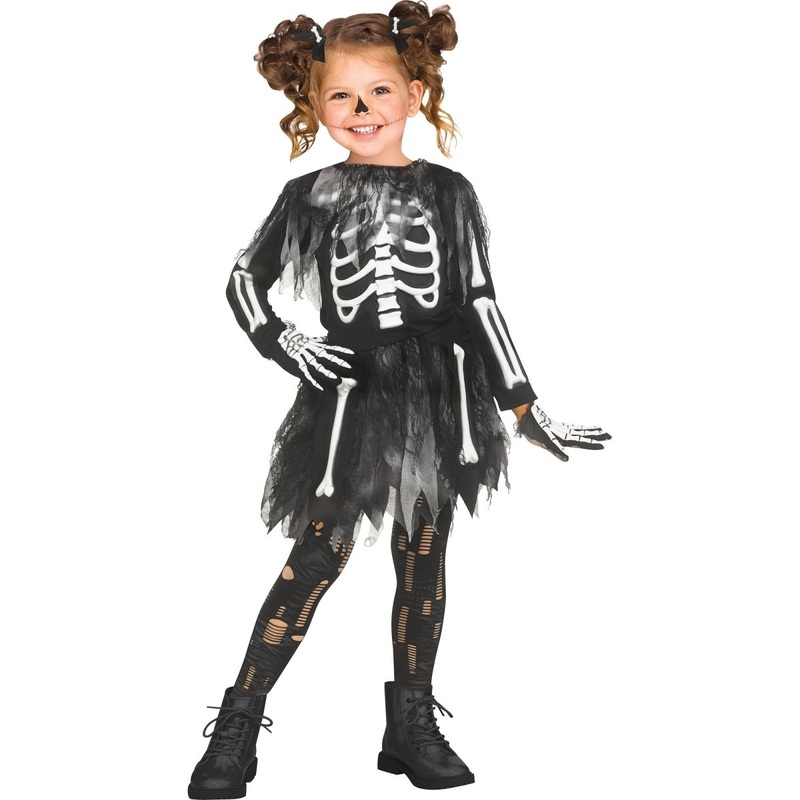 Skele-Girl Costume for Toddlers, Black Dress and Gloves S