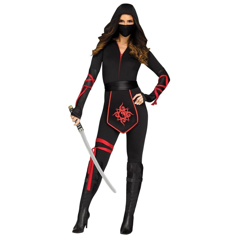 Sultry Ninja Warrior Costume for Adults, Black and Red Jumpsuit S