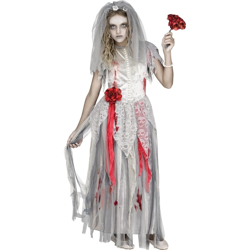 Zombie Bride Costume for Kids, Grey Gown and Veil M