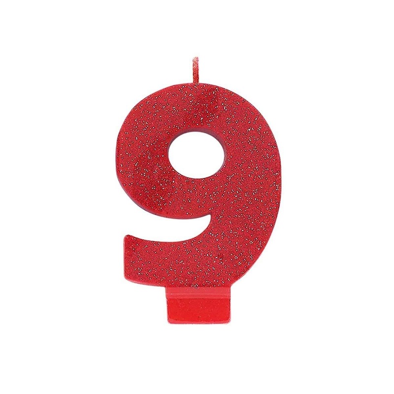 Numeral Glitter Candle #9 Red