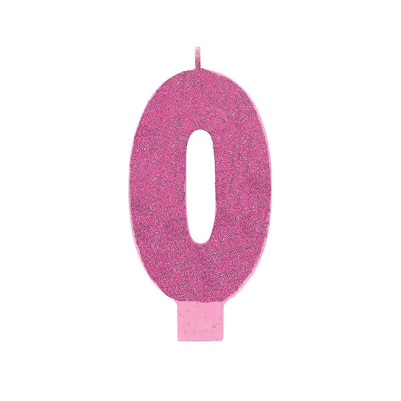Large Num Glitter Candle #0 - Pink