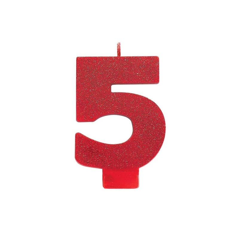 Numeral Glitter Candle #5 - Red