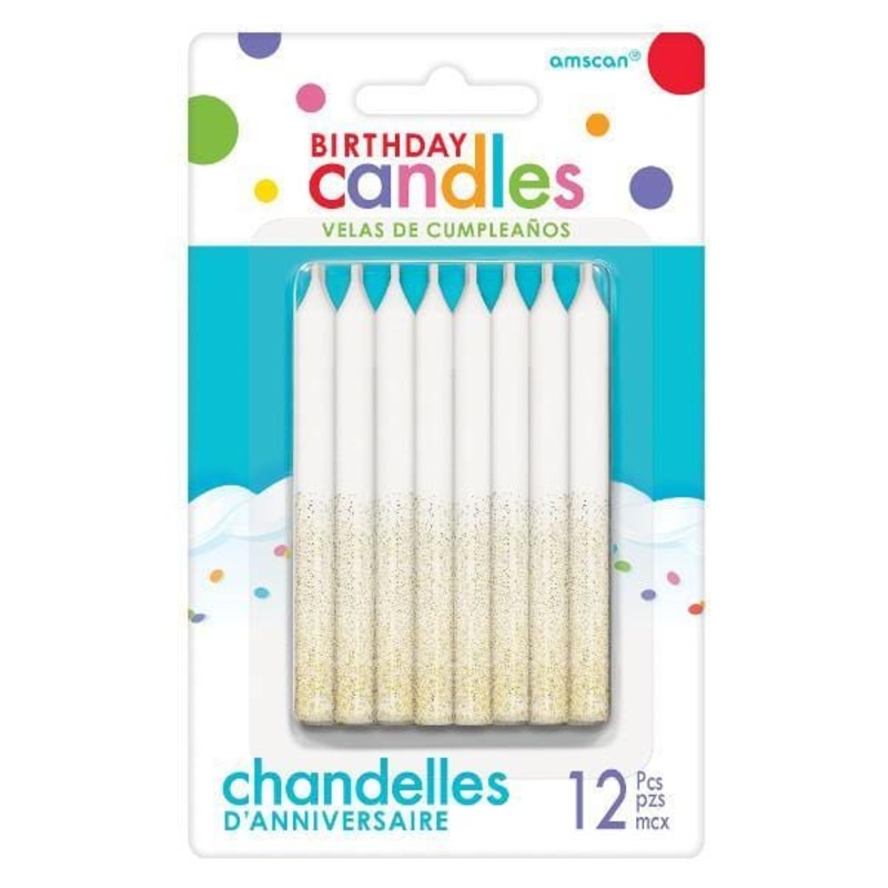 Birthday Candle 12/pkg - Glitter Gold/White