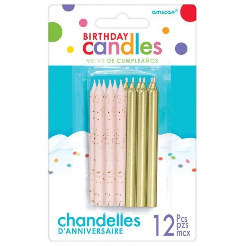 Birthday Candle 12/pkg - Gold/Pink