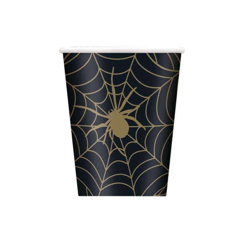 Black & Gold Spider Web paper cups 9 ounces, 8 per package