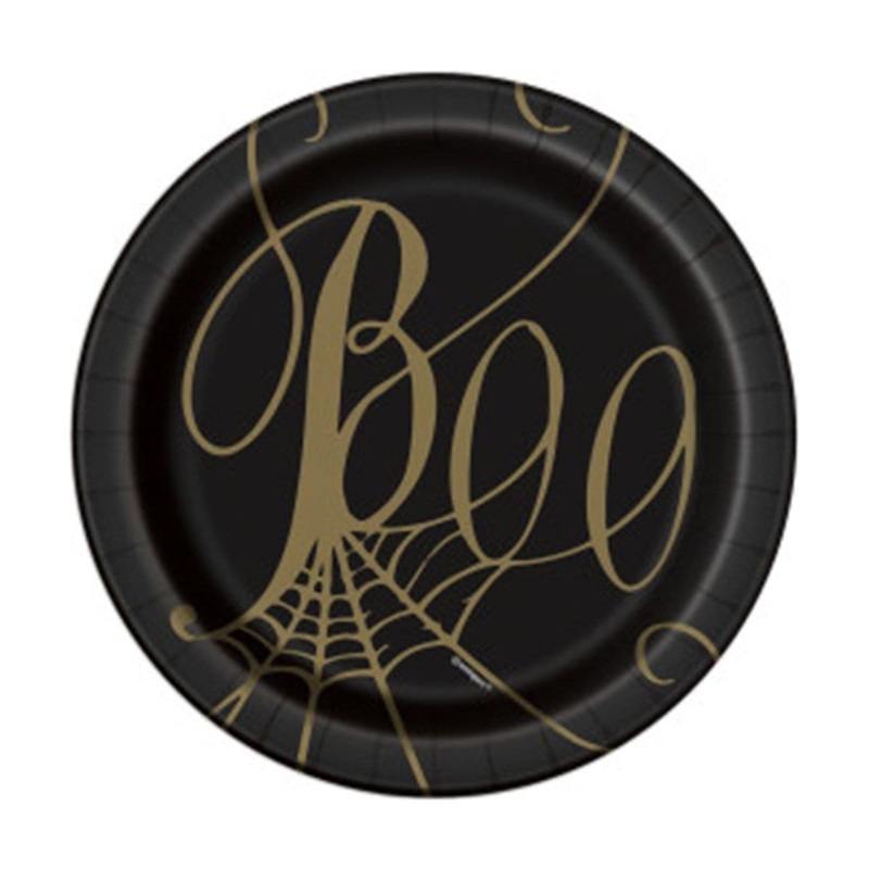 Black & Gold Spider Web paper plates 7 inches, 8 per package