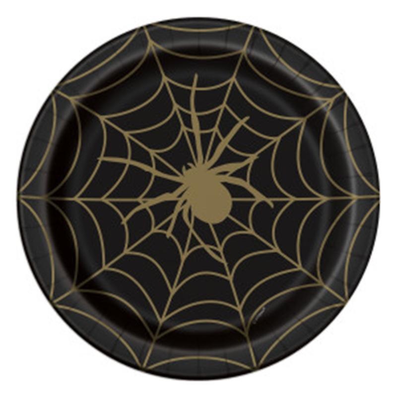 Black & Gold Spider Web paper plates 9 inches, 8 per package