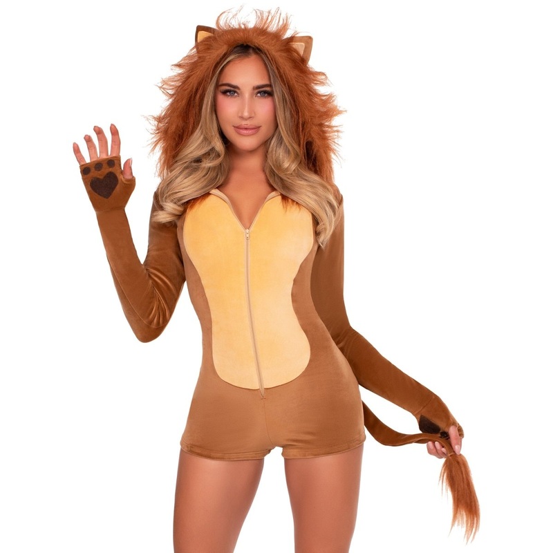 Comfy Lion Costume for Adults, Romper with Tail and Hood XS
