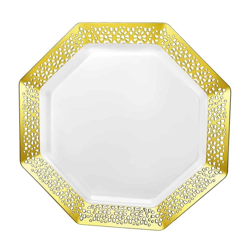 Gold Large Octagon Shaped Lunch Plastic Plates, 9 Inches, 10 Count