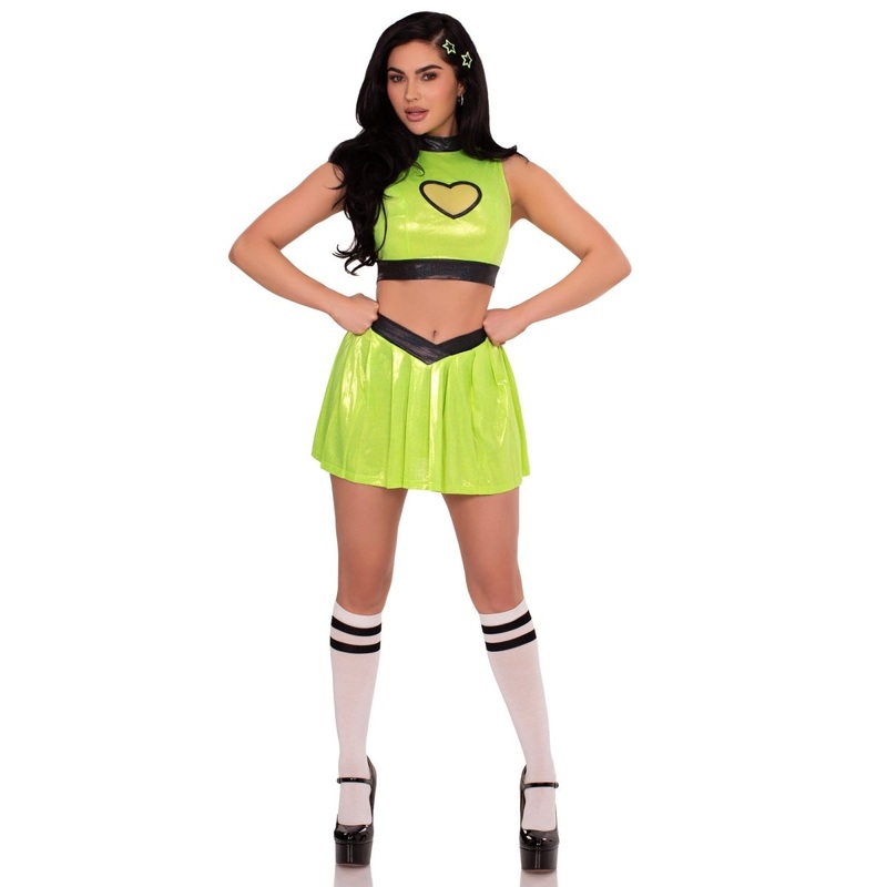 Super Baddie Costume for Adults, Green Top, Skirt and Hair Clips XS