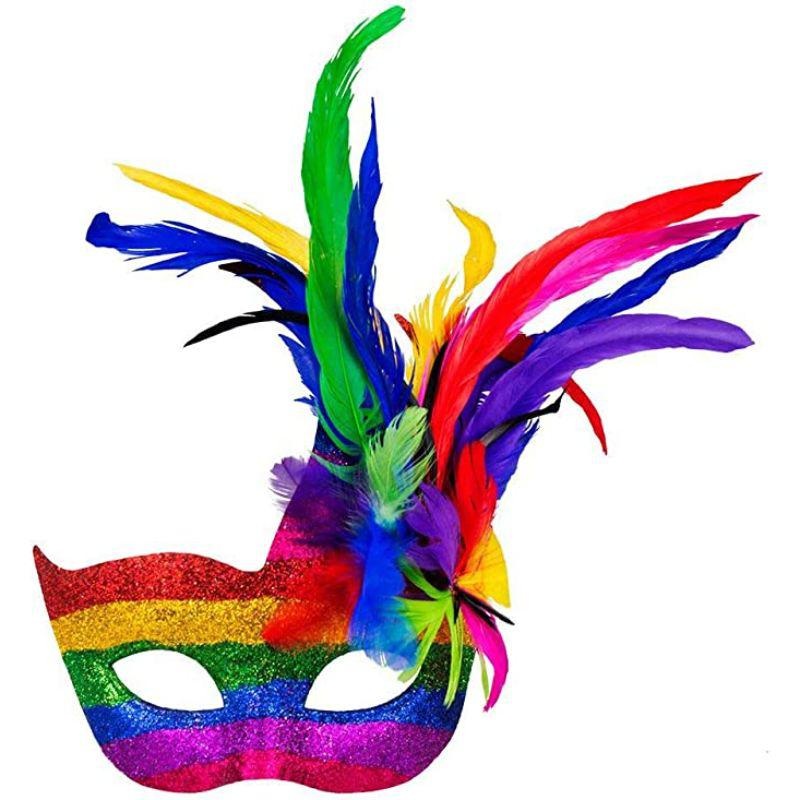 Carnival Rainbow Glitter Mask with Feathers