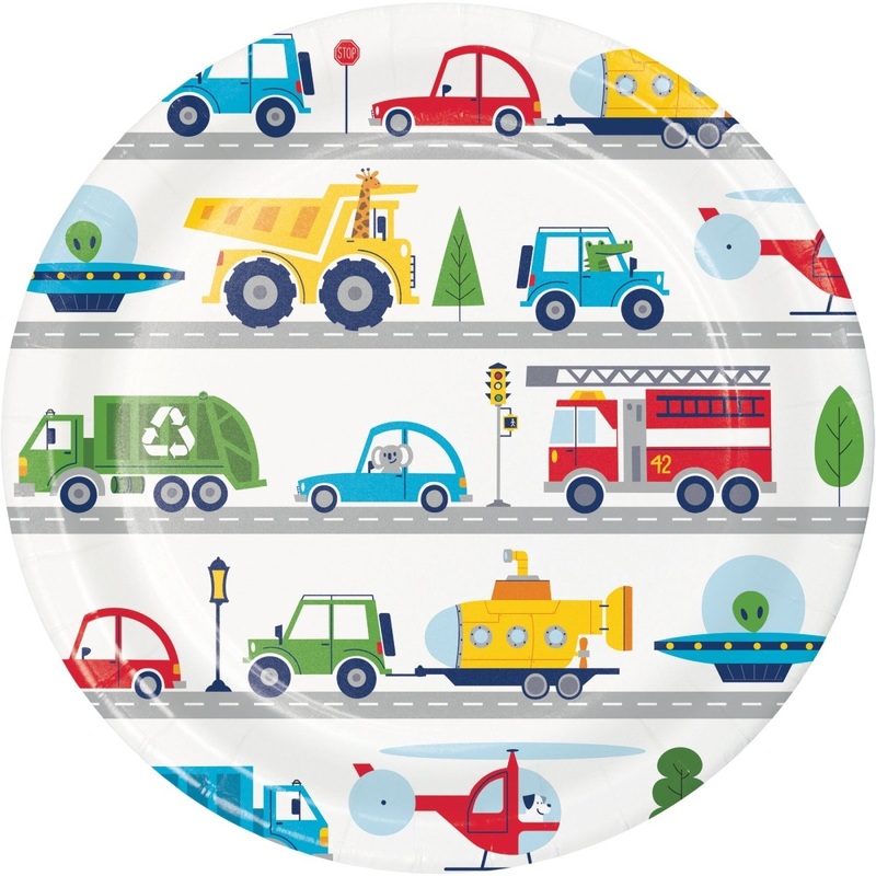 Transportation Time Large Round Lunch Paper Plates, 8.75 Inches, 8 Count