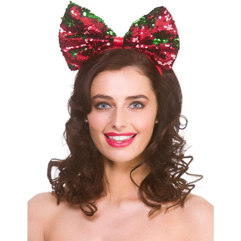Christmas Sequin Gift Bow on a Headband - Adult