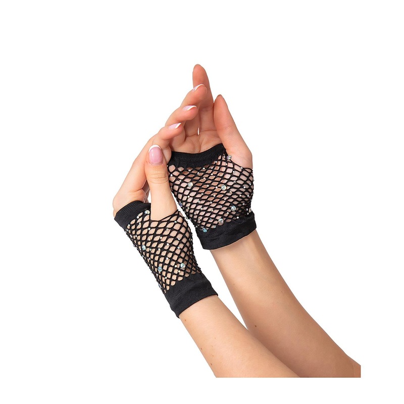 Short Net Gloves with Diamantes (Black) - Women