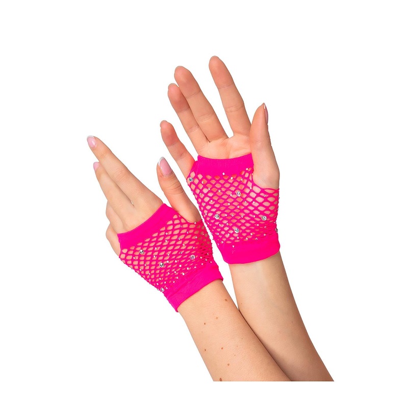 Short Net Gloves with Diamantes (Pink) - Women