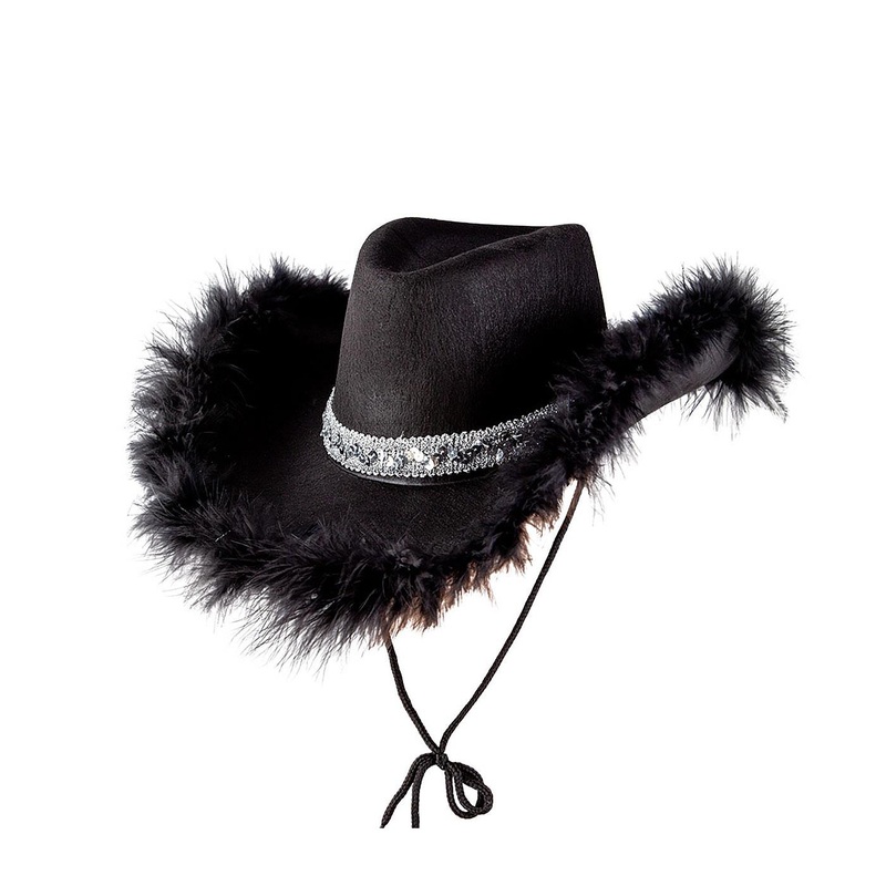 Sequins & Marabou Feather Texan Cowboy Hat (Black) - Adult
