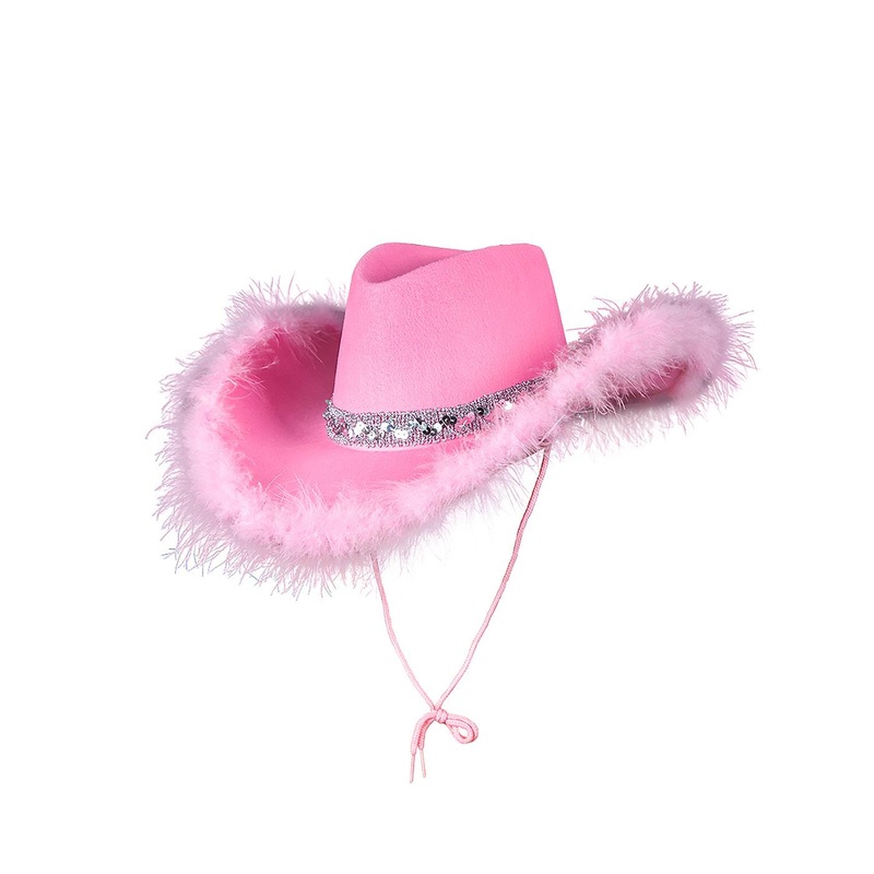 Sequins & Marabou Feather Texan Cowboy Hat (Pink) - Adult