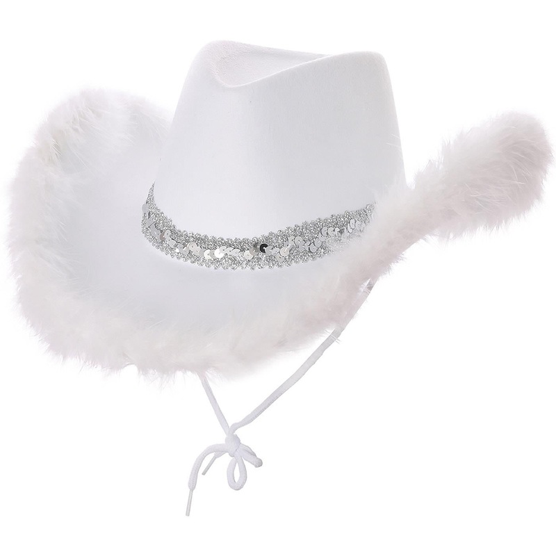 Sequins & Marabou Feather Texan Cowboy Hat (White) - Adult
