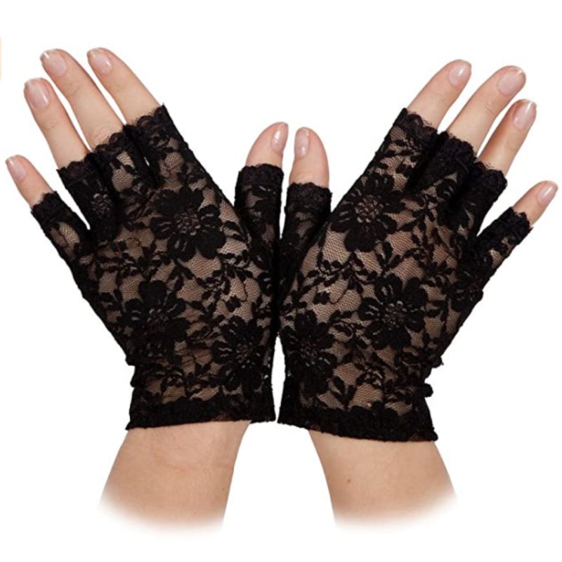 Short Lace Fingerless Gloves (Black) - Adult