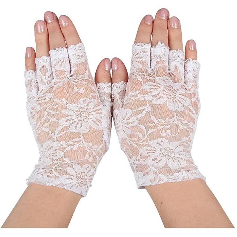 Short Lace Fingerless Gloves (White) - Adult