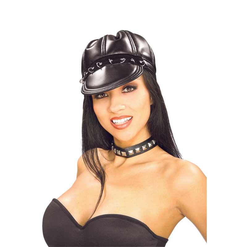 Black Vinyl Biker Costume Cap With Studded Trim Adult One Size