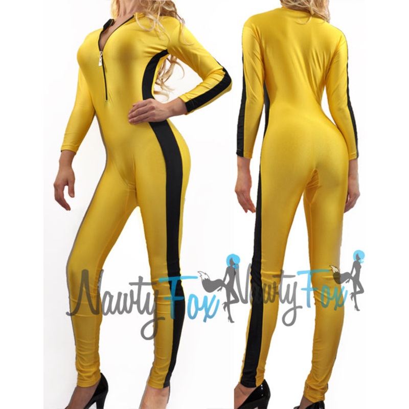 Adult Yellow Front Zip Shiny Spandex Unitard Jumpsuit Bodysuit Dancewear Kung Fu Martial Art Costume 2XL
