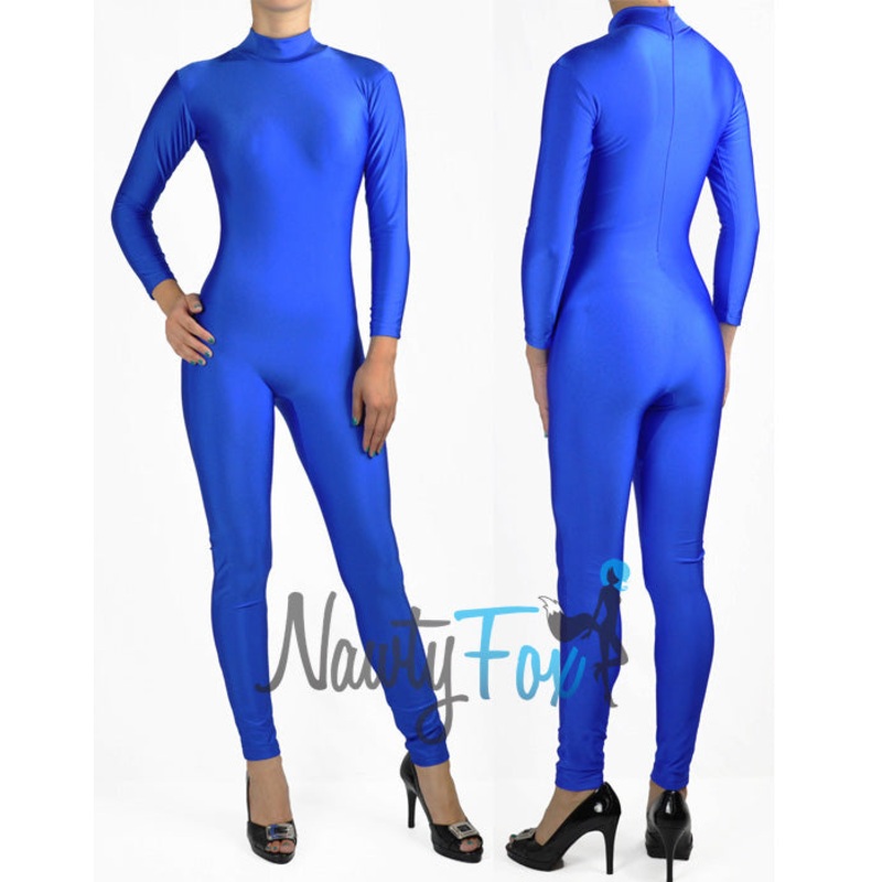 Shiny Spandex Blue Mock Neck Long Sleeve Unitard Bodysuit Costume Dancewear-Reg and Plus Size S