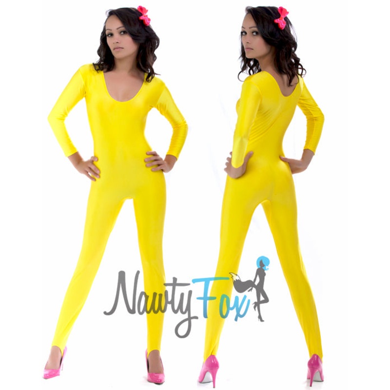 Yellow Shiny Spandex Scoop Neck Long Sleeve Unitard Dancewear Bodysuit S