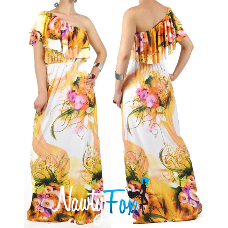 Orange Flower One Shoulder Ruffle Maxi Dress S/M