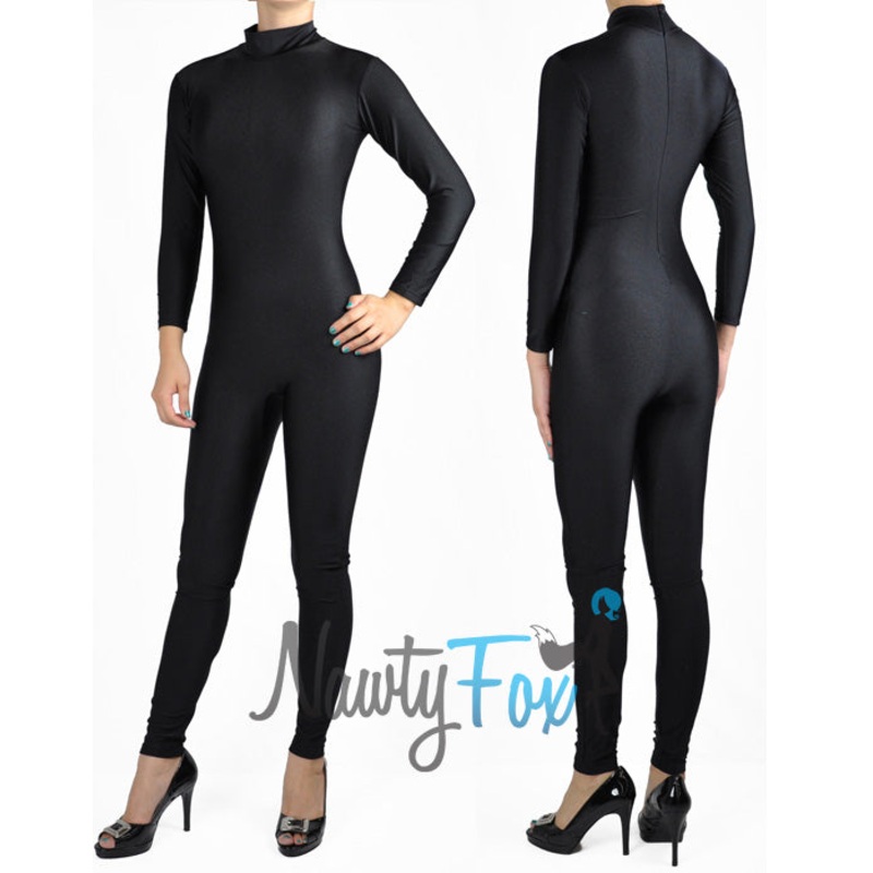 Shiny Spandex Black Mock Neck Long Sleeve Unitard Bodysuit Costume Dancewear-Reg and Plus Size S