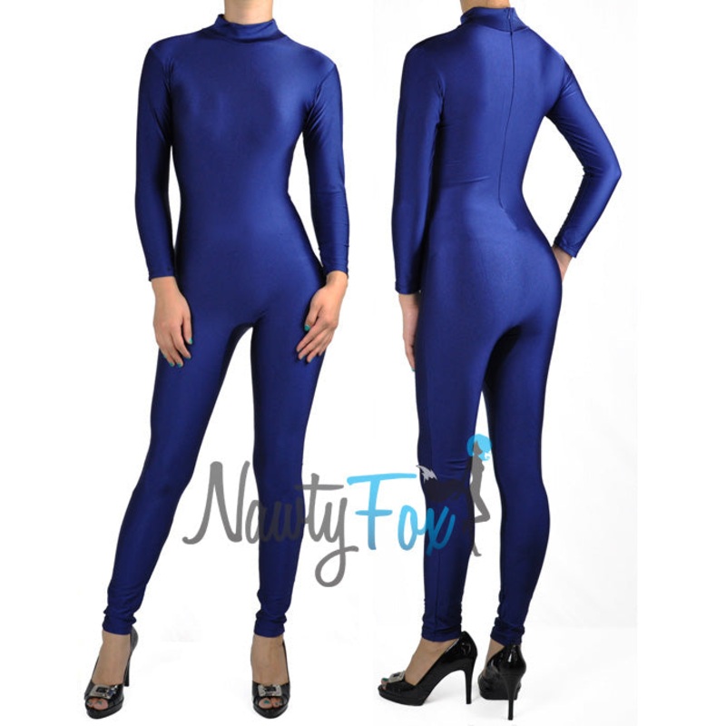 Shiny Spandex Navy Blue Mock Neck Long Sleeve Unitard Bodysuit Costume Dancewear-Reg and Plus Size 2XL