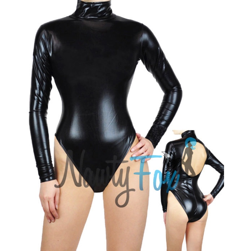 Black Metallic Mock-Neck Long Sleeve Leotard Bodysuit Catsuit Costume-Reg and Plus Size 4XL