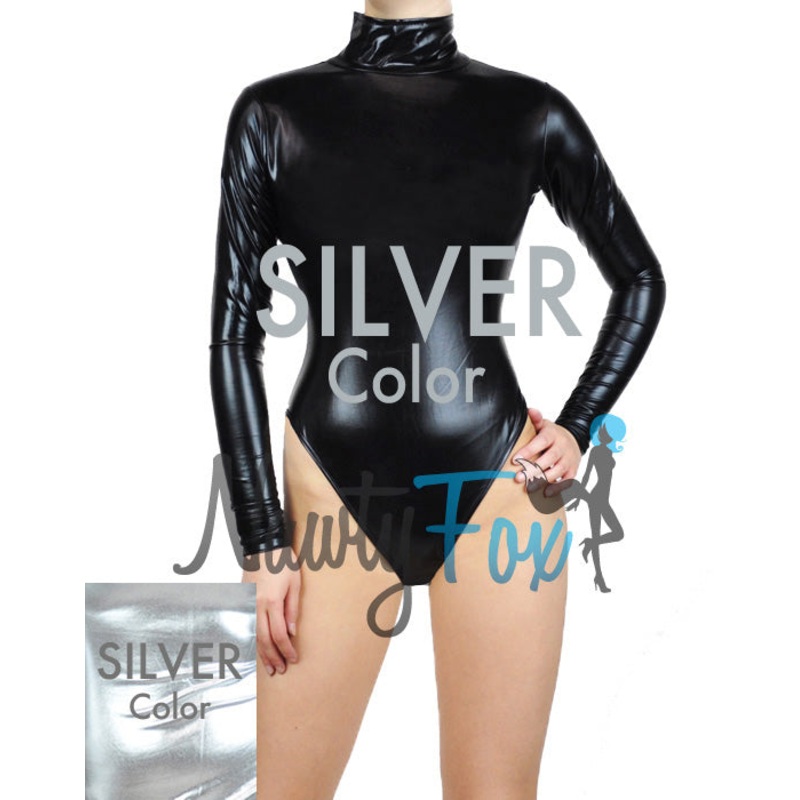 Metallic Sliver Mock Neck Leotard S