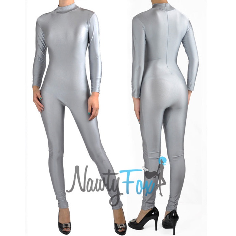 Shiny Spandex Gray Mock Neck Long Sleeve Unitard Bodysuit Costume Dancewear-Reg and Plus Size S