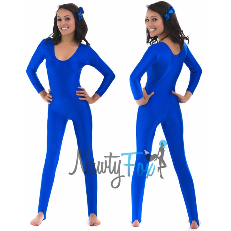 Shiny Stretchy Spandex Blue Scoop Neck Long Sleeve Unitard Dancewear Bodysuit S