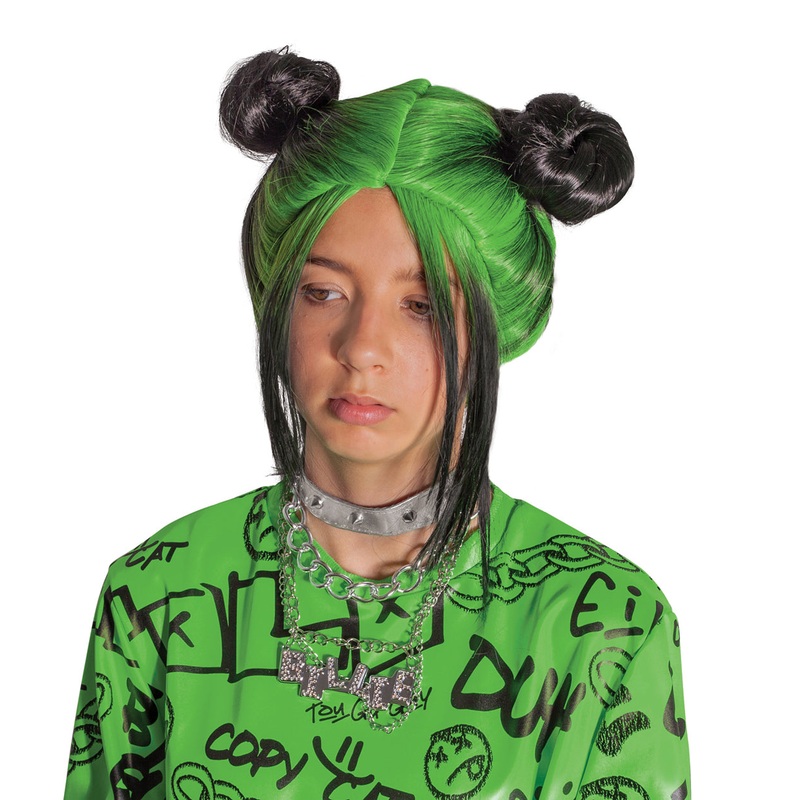 Billie Eilish Girls Singer Black Green Bun Costume Wig Child One Size