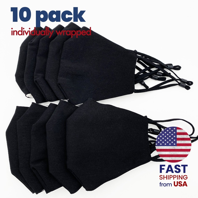 [10 PACK] Black Cotton Double Layer Mask Adult One Size