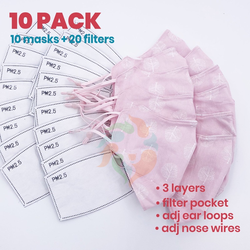 [10 PACK] Pink Tree Printed Linen Cotton 3 Layer Mask + Filters Adult  Standard (WxH: 9" x 6")