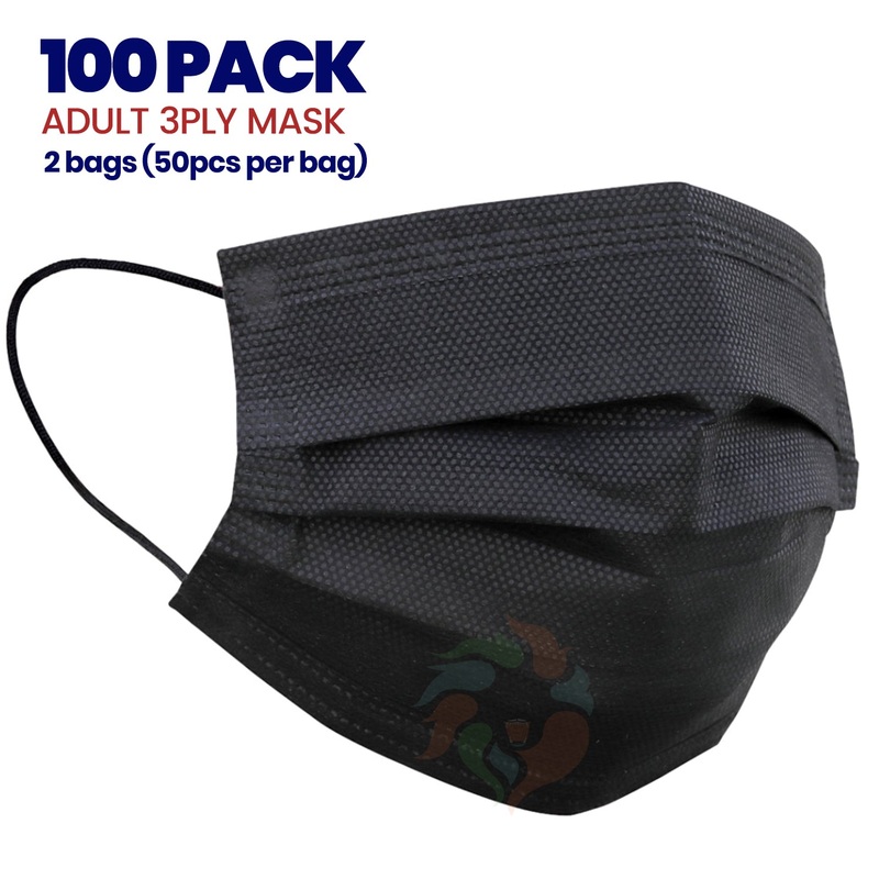 [100 PACK] BLACK 3ply Disposable Adult Mask Adult Unisex One Size