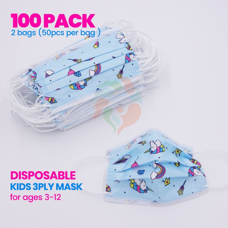 [100 PACK] Kids Disposable Mask 3 Ply Non-Medical-BLUE UNICORN Kids (3-12 years)
