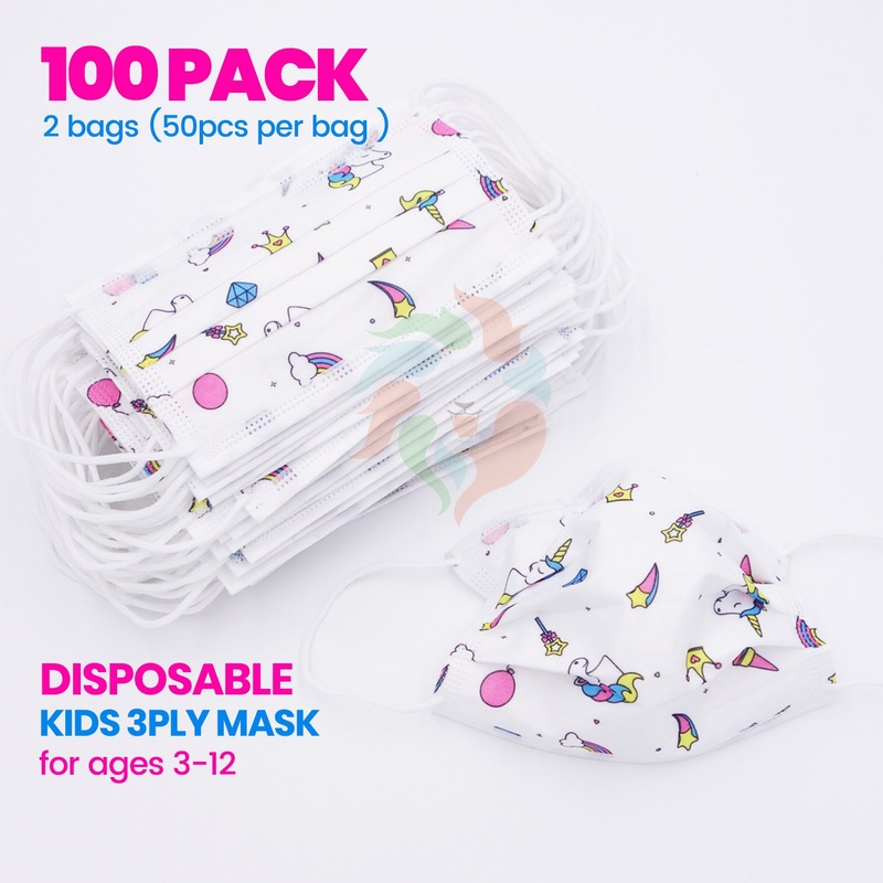 [100 PACK] Kids Disposable Mask 3 Ply Non-Medical-WHITE UNICORN Kids (3-12 years)
