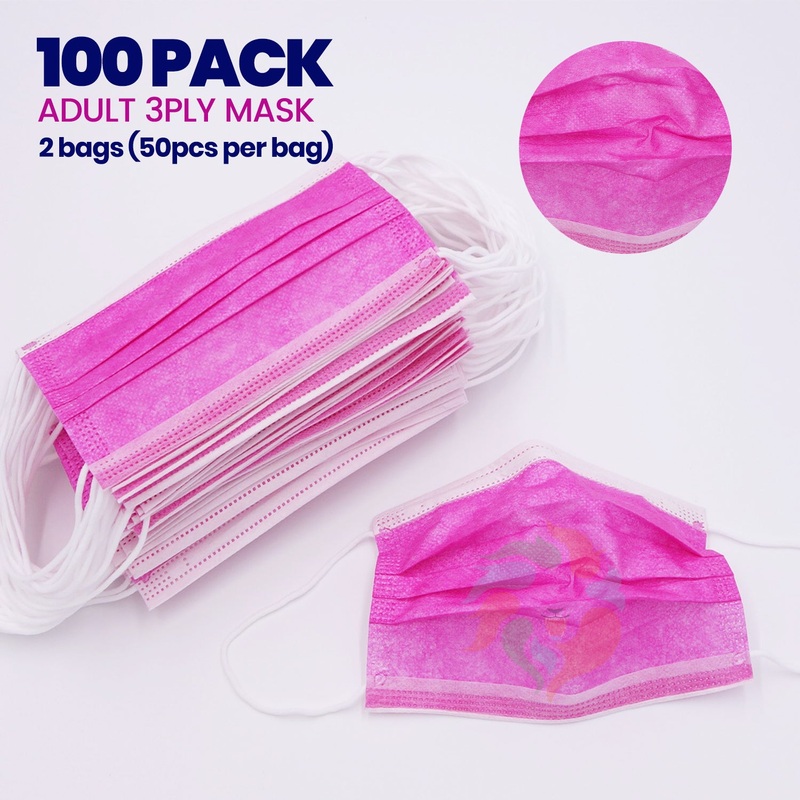 [100 PACK] PINK 3ply Disposable Adult Mask Adult Unisex One Size
