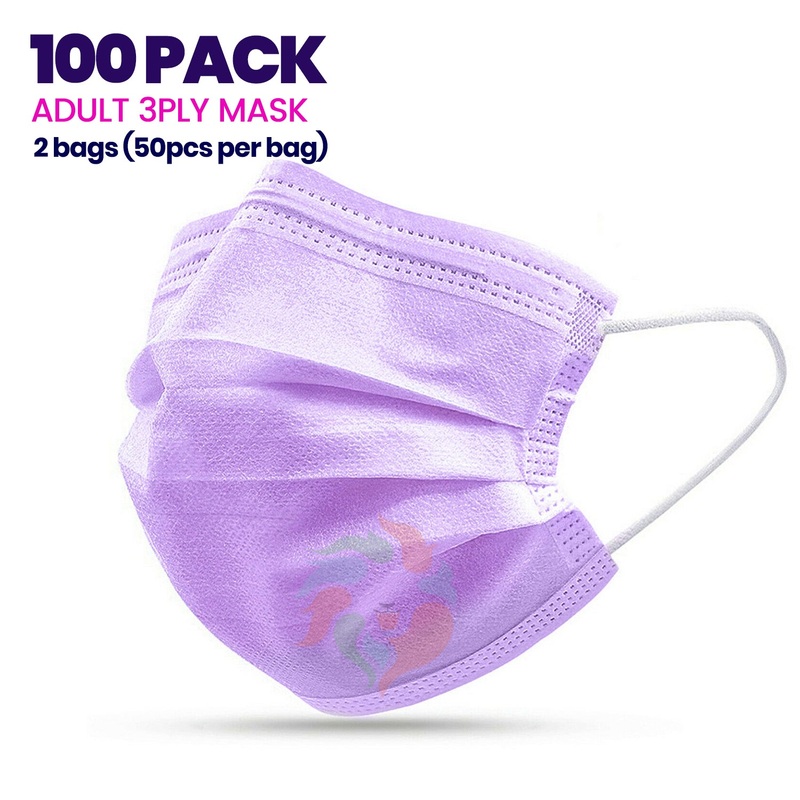 [100 PACK] PURPLE 3ply Disposable AdultMask Adult Unisex One Size