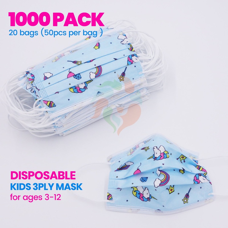 [1000 PACK] Kids Disposable Mask 3 Ply Non-Medical-BLUE UNICORN Kids (3-12 years)